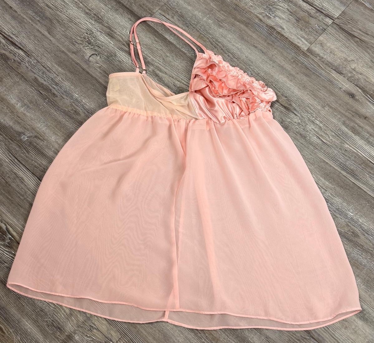 VTG Y2K Ambrielle™ Pink Sheer Chiffon Ruffled Satin Bra Babydoll Night Dress M