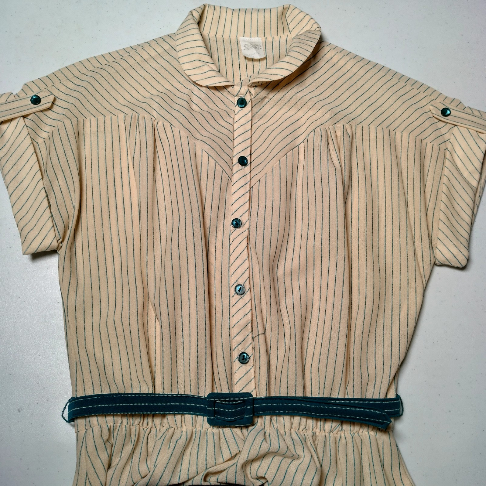 Vintage 1970s Dress Size 7 Ivory Blue Stripe Button Up Collar Belted Secretary