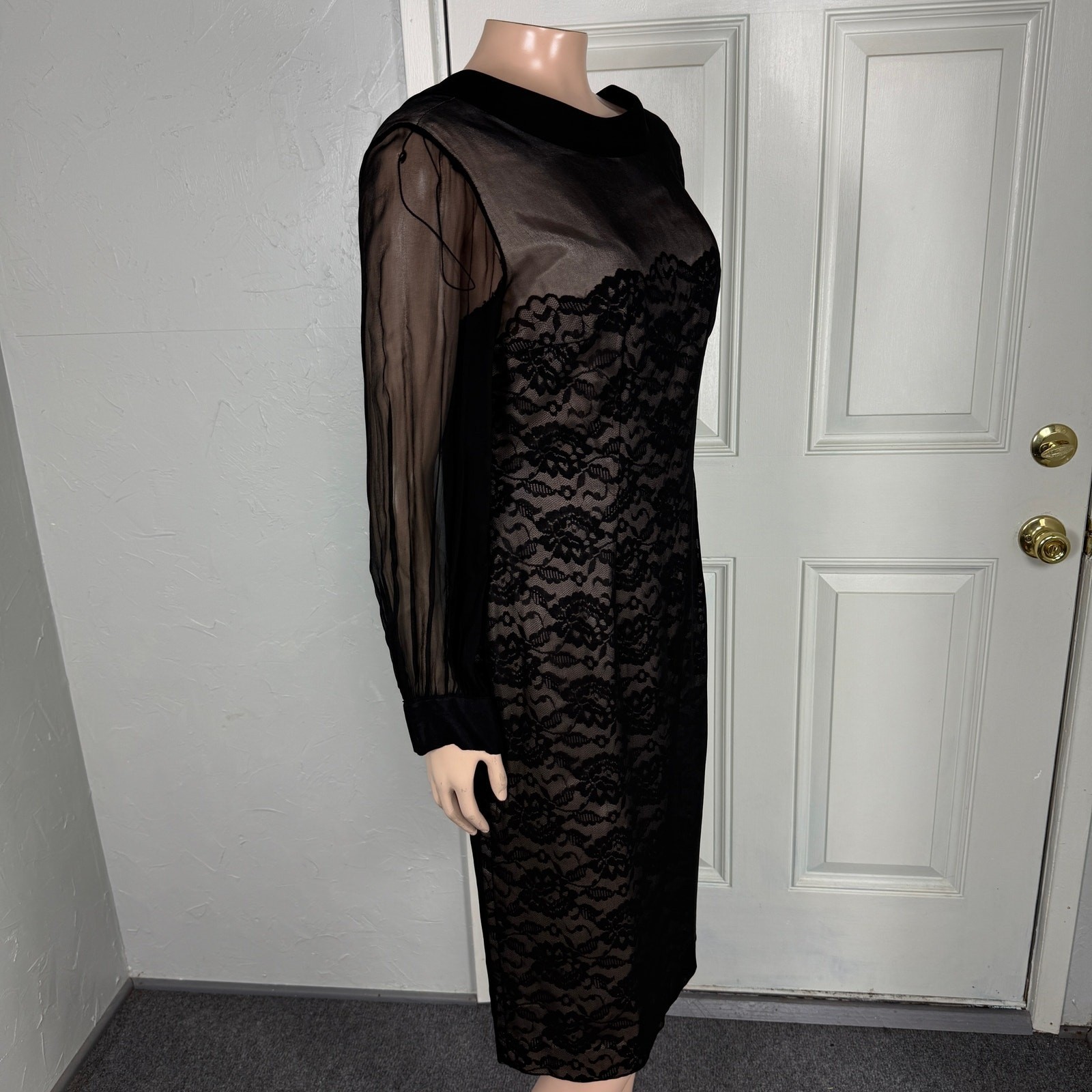 Vintage 50s 60s Women’s Dress Lace Floral Party Formal Evening Long Sleeve J26
