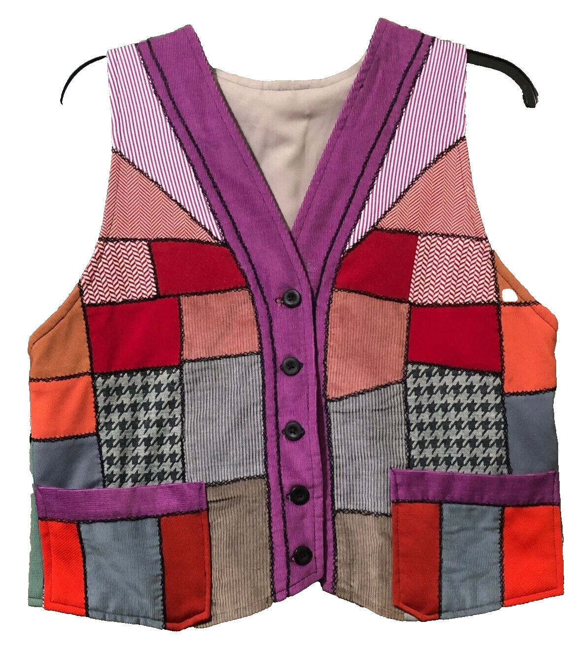 Patchwork Womens Dopamine Quilted Hand Crafted Artsy Vest Vtg Folk Hippie L