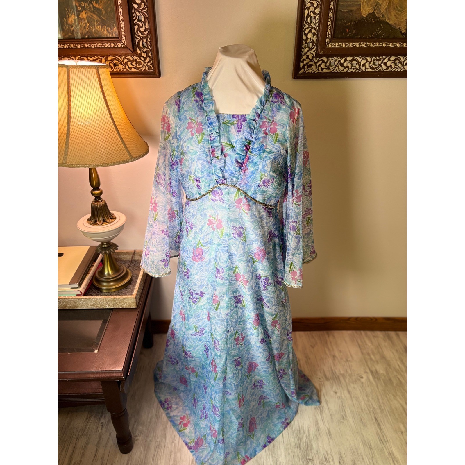 Vintage 60s Mad Men flower Dress Set, Sheer Layered Gown Bell Sleeve S/M