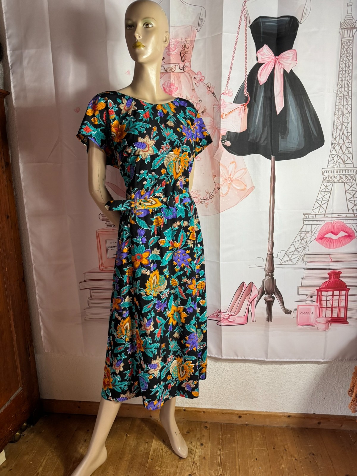 Vintage French Dress Crepe Made in France Floral Midi Dress Size 42 44