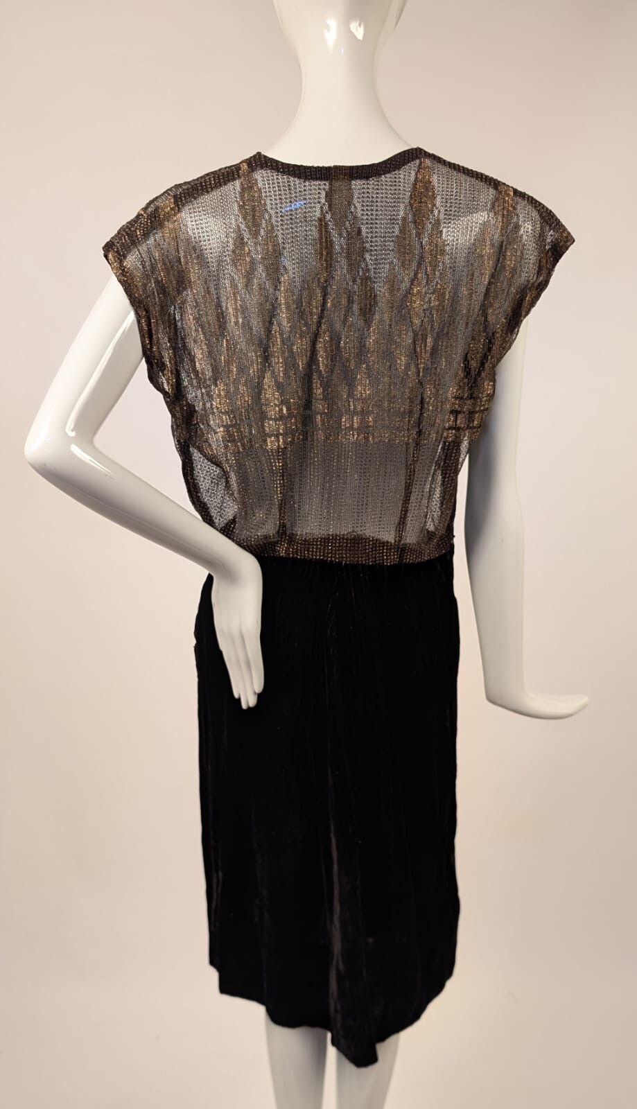 1940’S METALLIC GOLD LAME LACE + LAME PINSTRIPED VELVET DRESS
