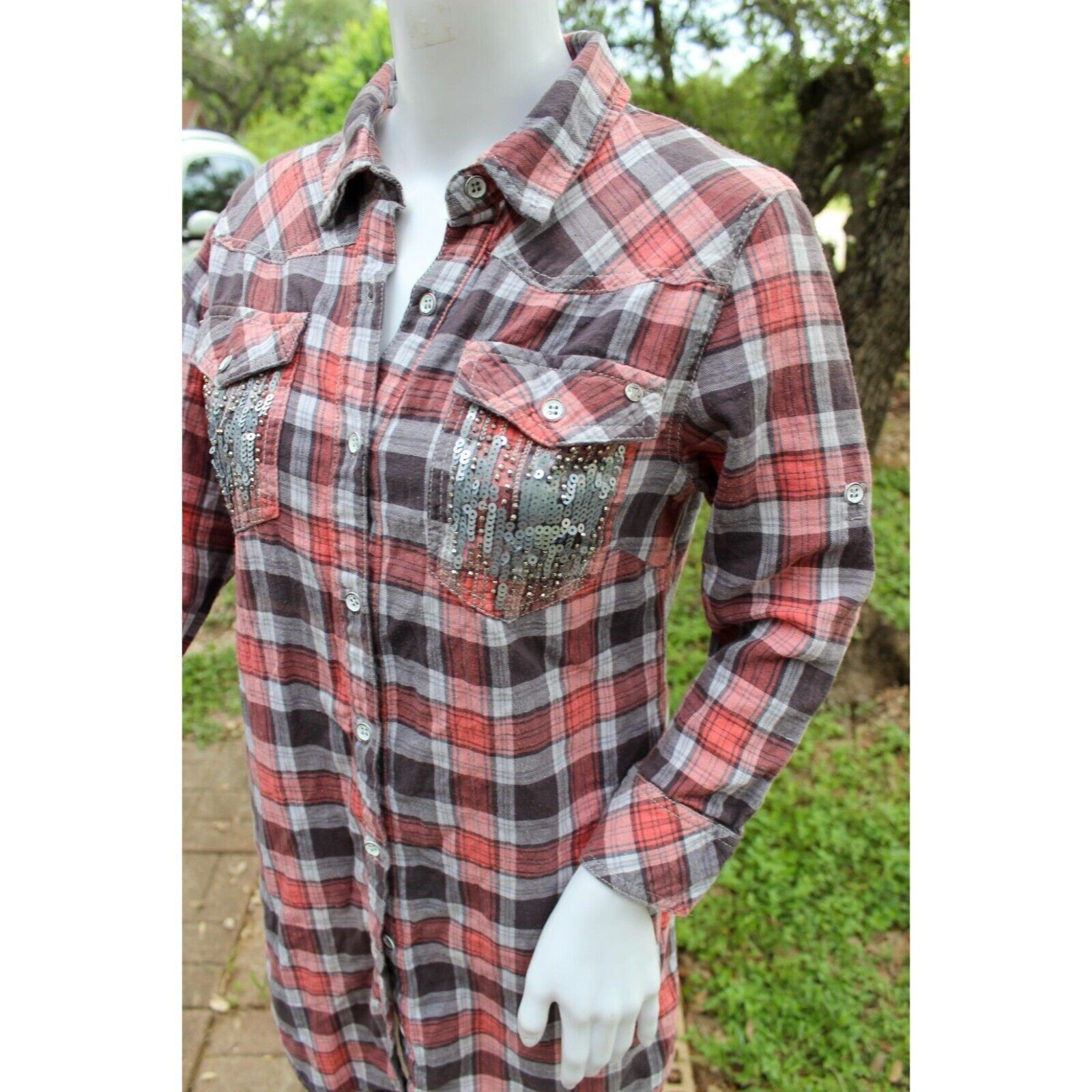 Y2K Vintage Miss Me Plaid Button-Down Shirt Dress W/ Sequin Pockets Size S