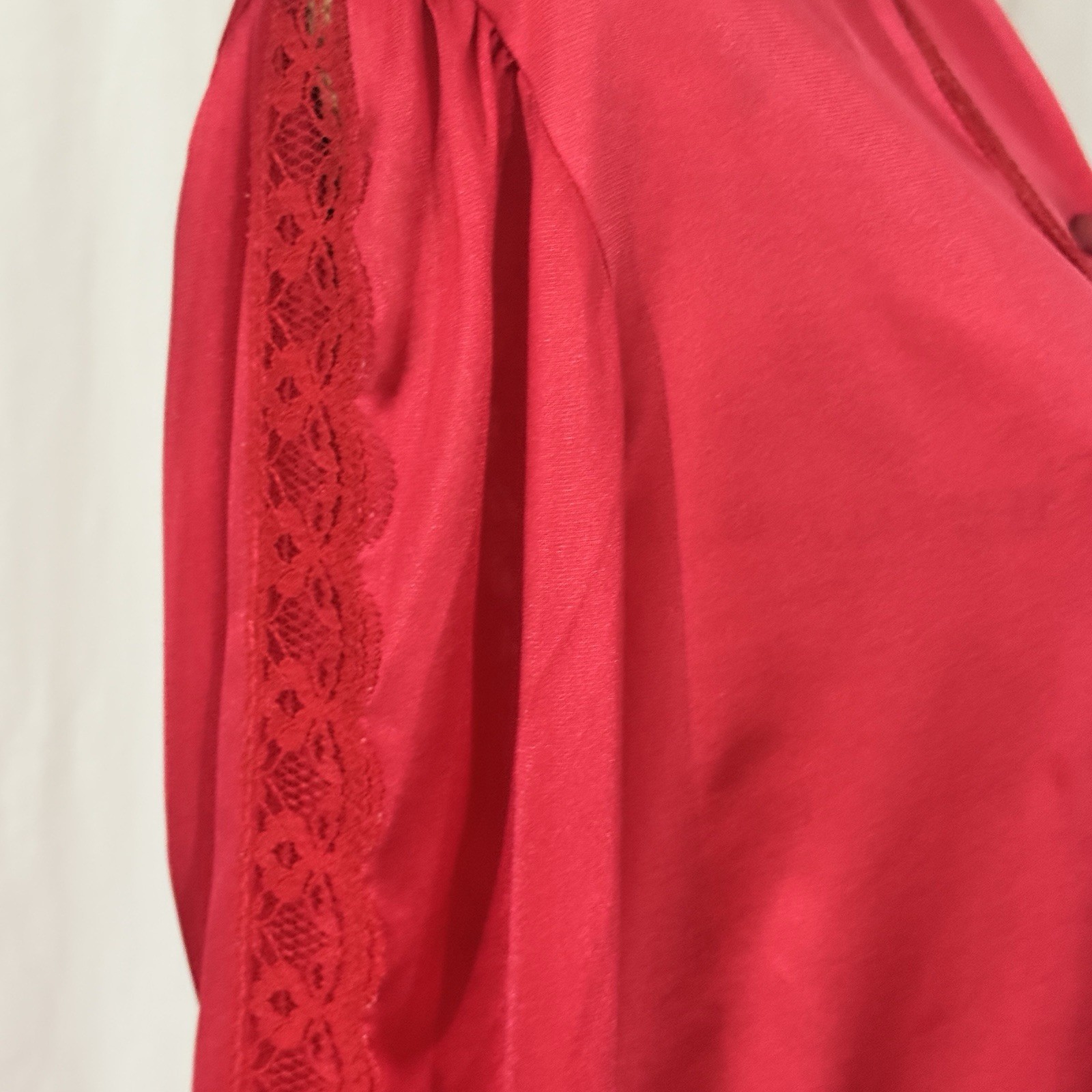 VTG NANCY KING Lingerie Bed Jacket Blouse Sz M Red Lace Peter Pan Collar Sleeves