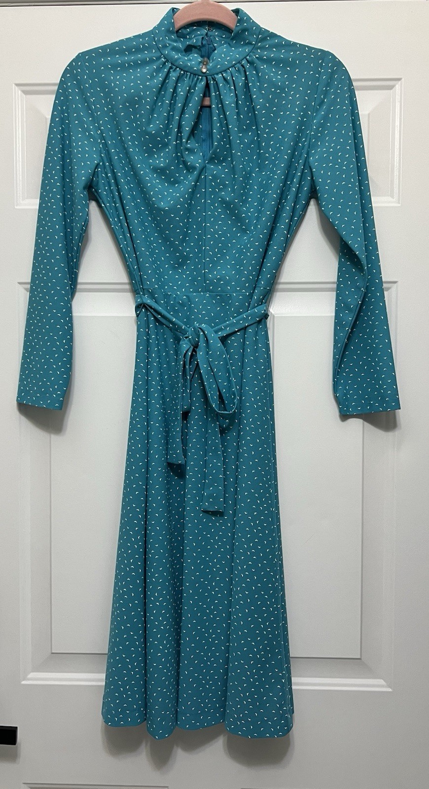 VTG 1970s Teal Dotted Belted Women’s Swing Dress Sz S/M Retro Polyester