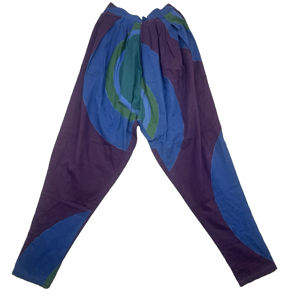 Vintage 1970s Kenzo Japan Blue Purple Green Abstract Harem Parachute Pants 26×30