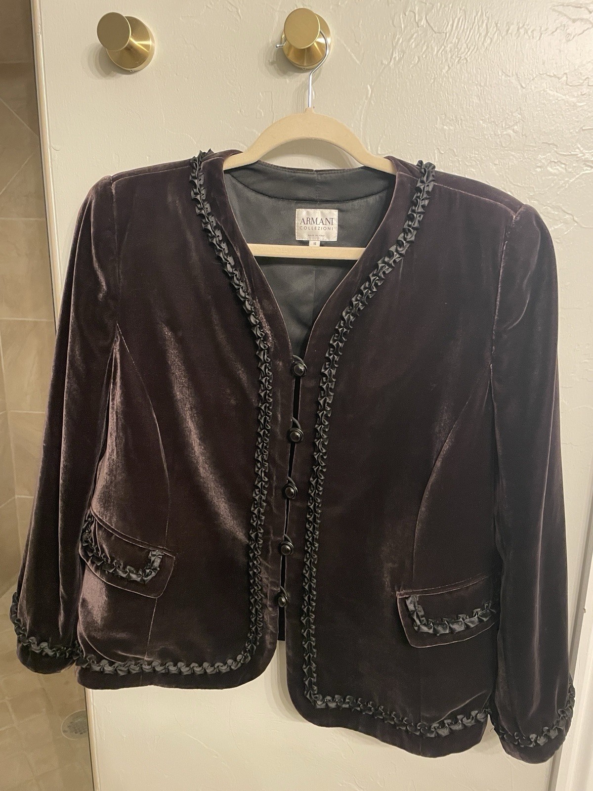 Vintage Armani Collezioni Black Jacket With Ruffled Trim – Size 16