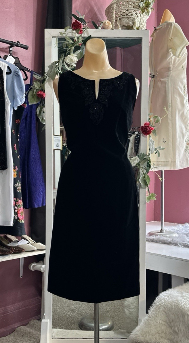 Vintage 90s Black Velvet Mini Dress Laura Ashley Beaded Cocktail Party M/L
