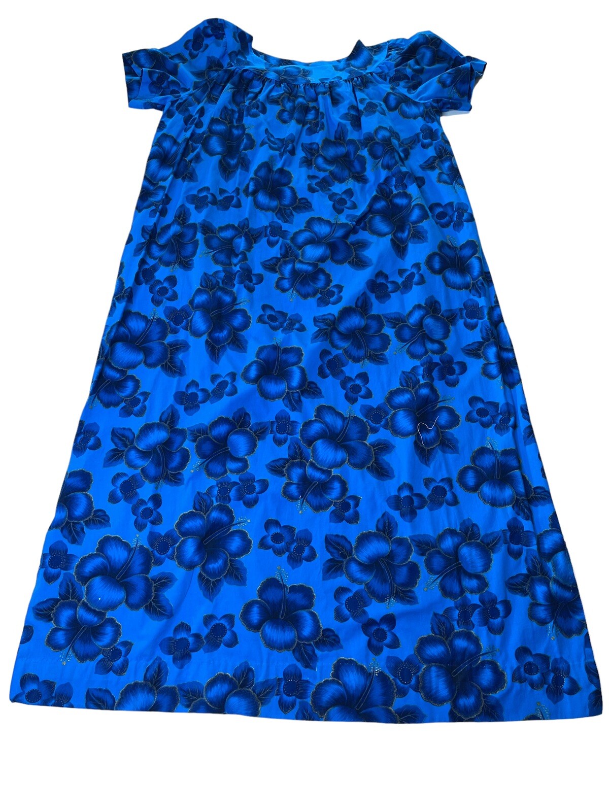 Vintage Handmade Dress Hawaiian Blue with Hibiscus flowers Some metallic gold 46