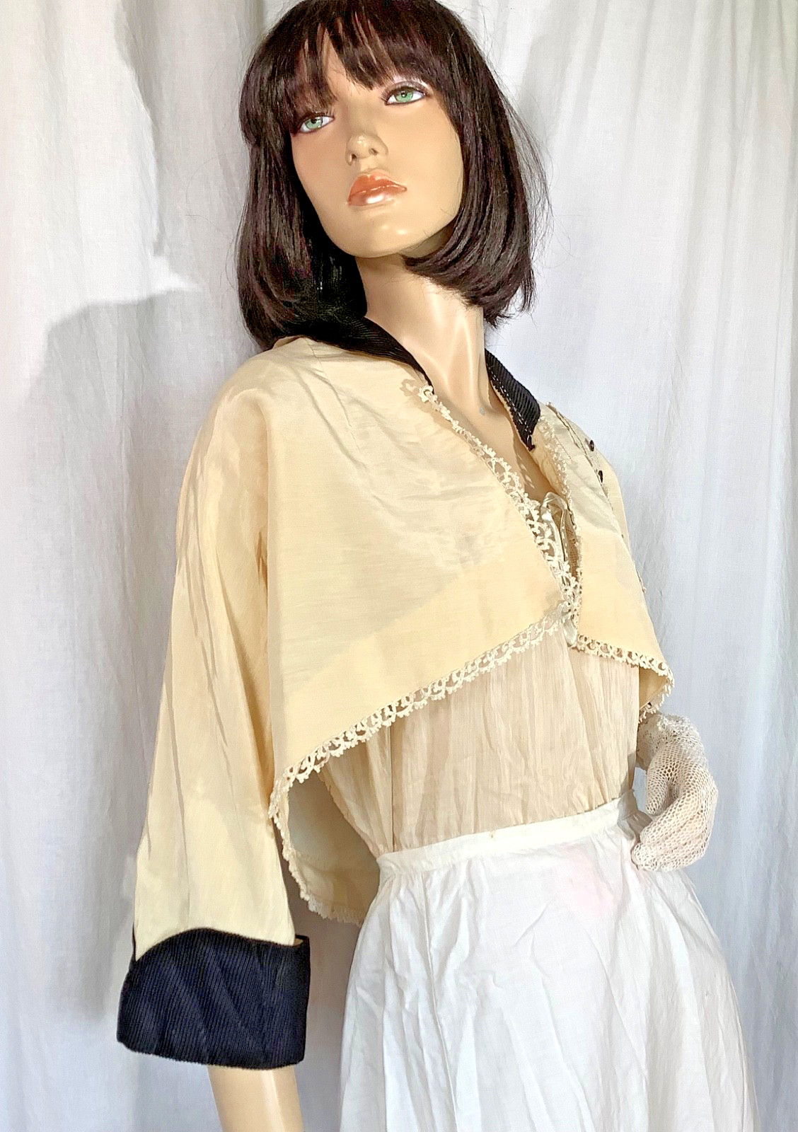 antique Edwardian jacket Bolero ivory Spencer lace trim 3/4 sleeve M cuff Faille
