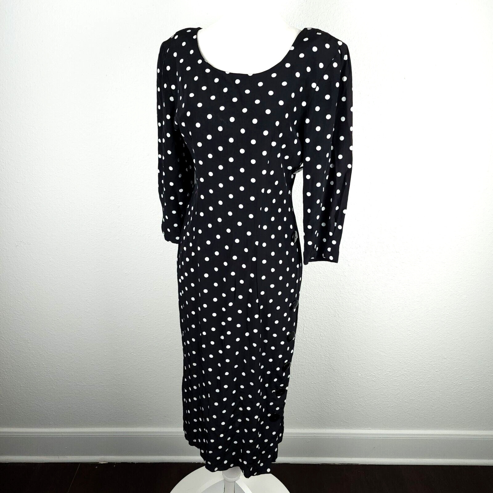 Vintage 80s 1940s DiamondsRun Black White Midi Pencil Dress Long Sleeve PolkaDot
