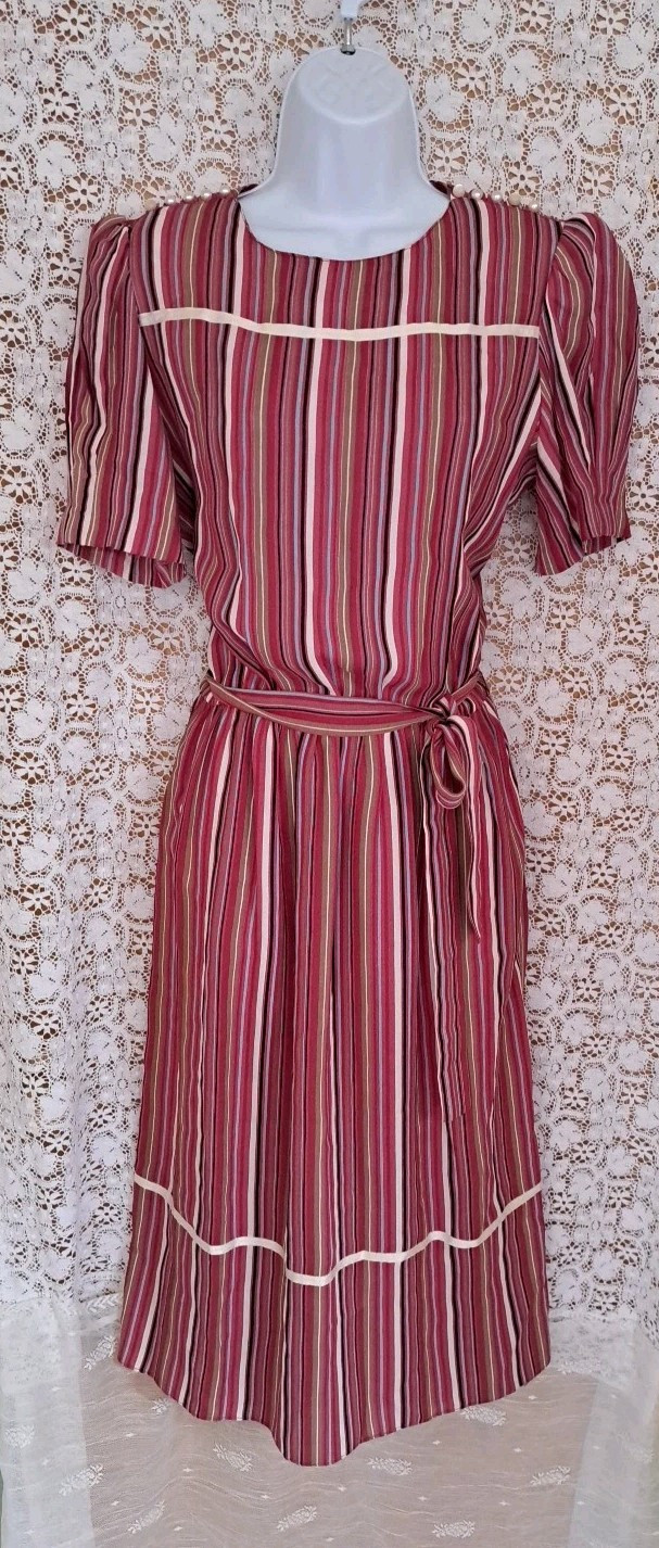 Lizzy & Johnny By Lucero Dress 12 Mauve Striped Elastic Waist Short Sleeve VTG