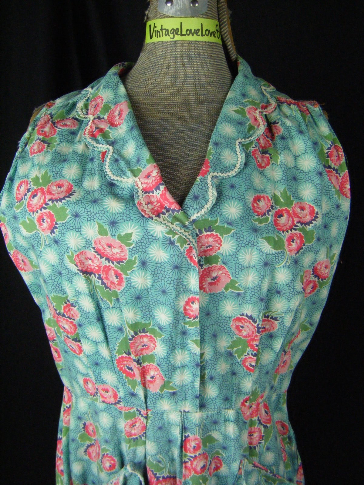 Vtg 50s Handmade Blue Pink Floral Cotton House Dress-Bust 43/M
