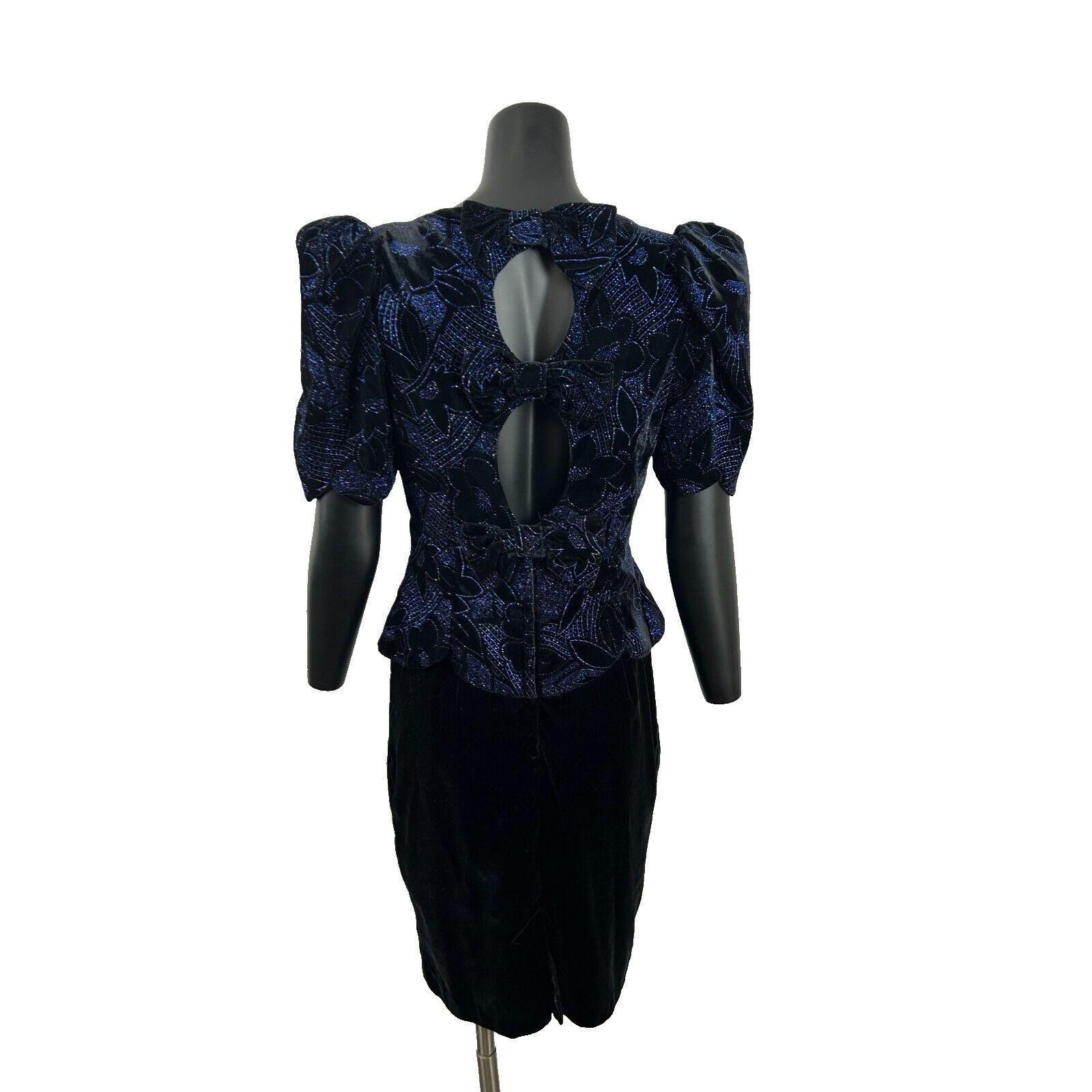 Vintage 80s Scott McClintock Dress 10 Blue Black Velvet Bow Cocktail Puff Sleeve