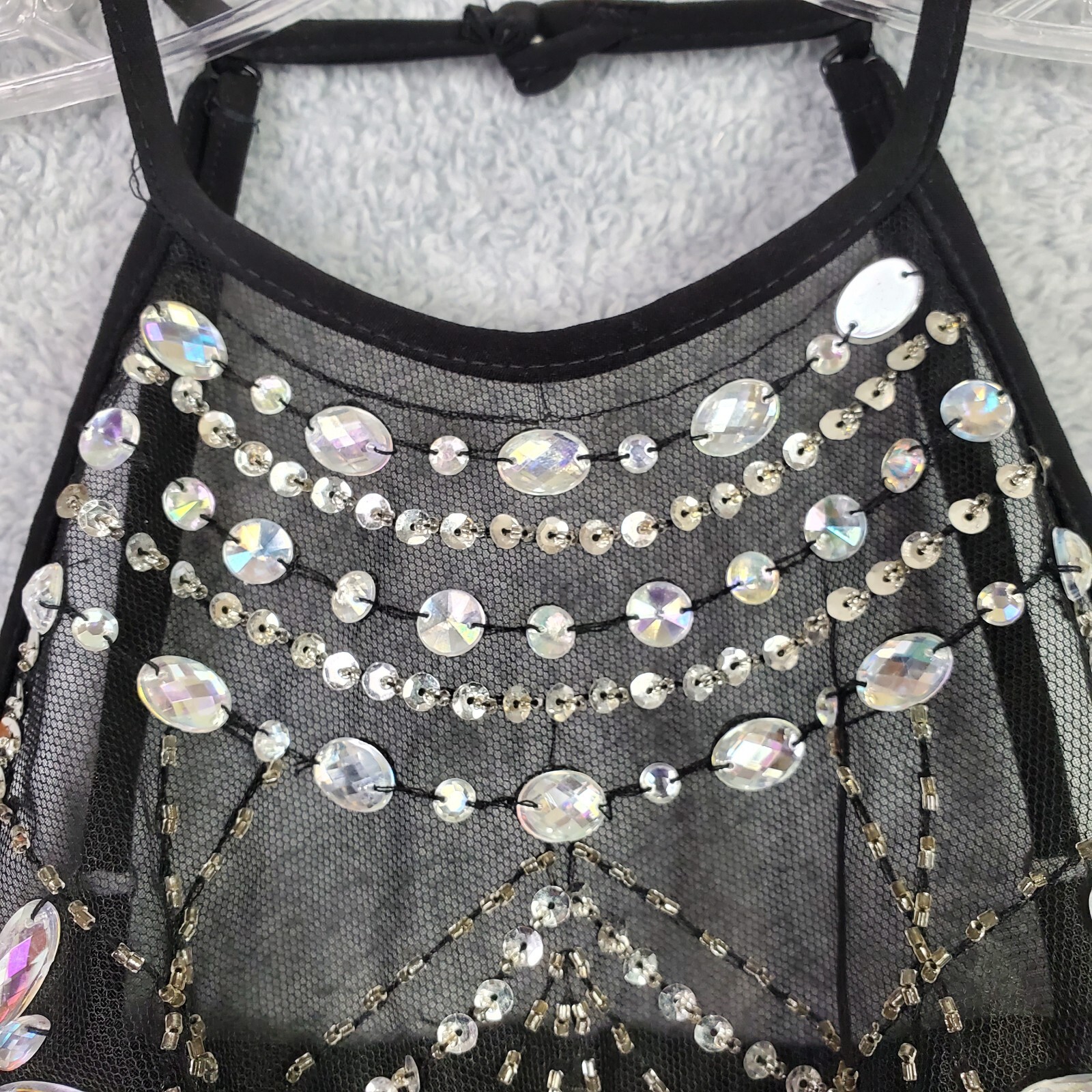 Vtg B Darlin Top Size S Black Halter Crop Embellished Jewels Sheer Padded Zip Up