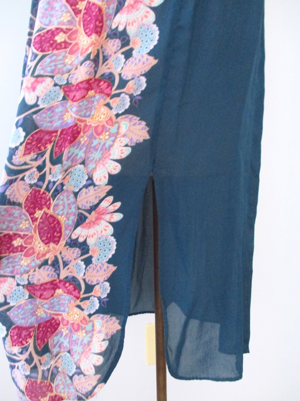 Vtg 70s Blue Red Floral Asian-Inspired Chiffon Slit Dress Asymmetric Buttons 9