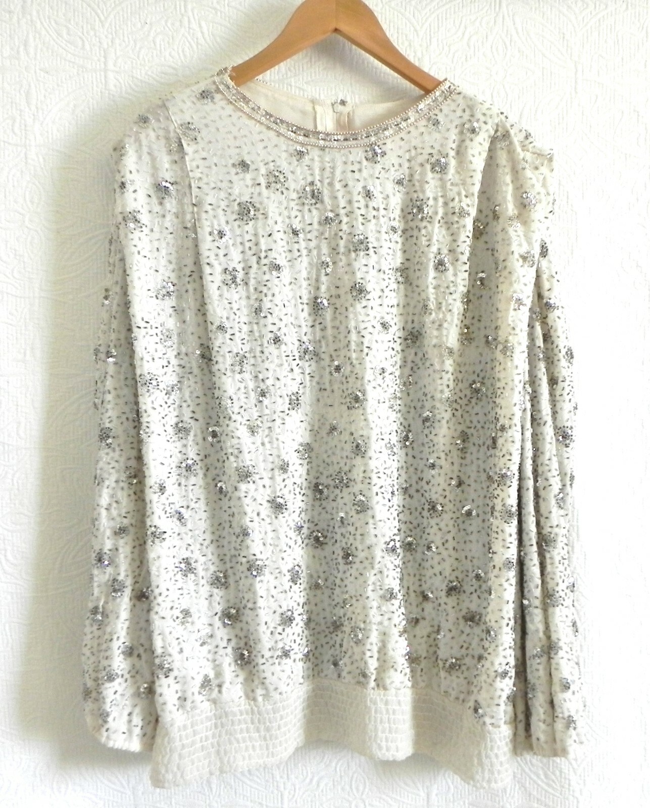 Vtg Jack Bryan Tunic Sequin/Bead Chiffon Lined Long Sleeve Ivory Over-Sized 12