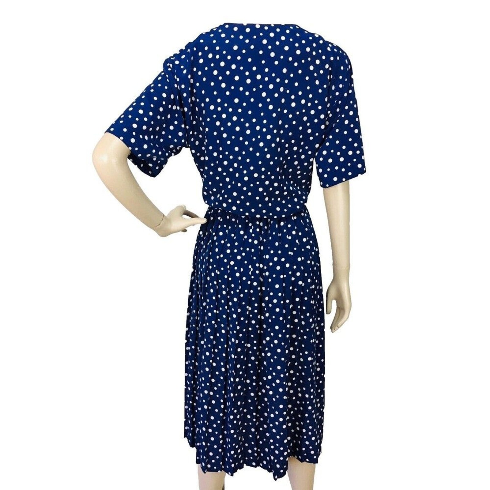 Vintage 80s Liz Roberts Navy Blue White Polka Dot Midi Button Front Shirt Dress