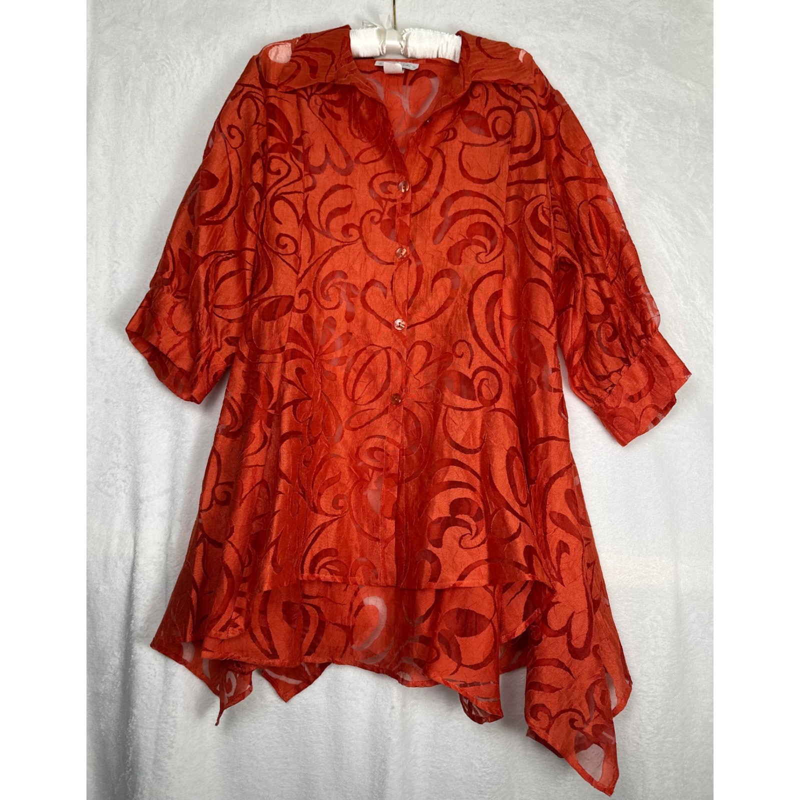 Vintage Come N See Tunic Top Dress Large Orange Burnout Sheer Boho Art to Wear