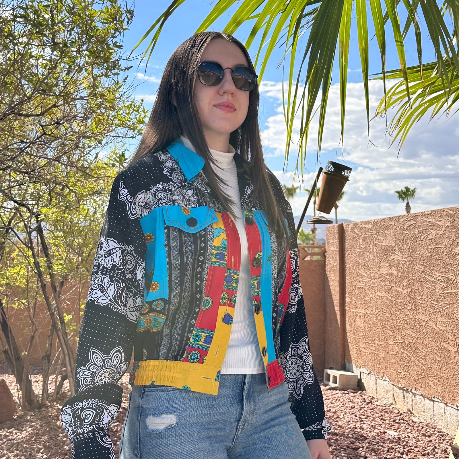 Vintage Surya Beaded Button-Up Jacket Women’s Medium Sheer Floral Patchwork