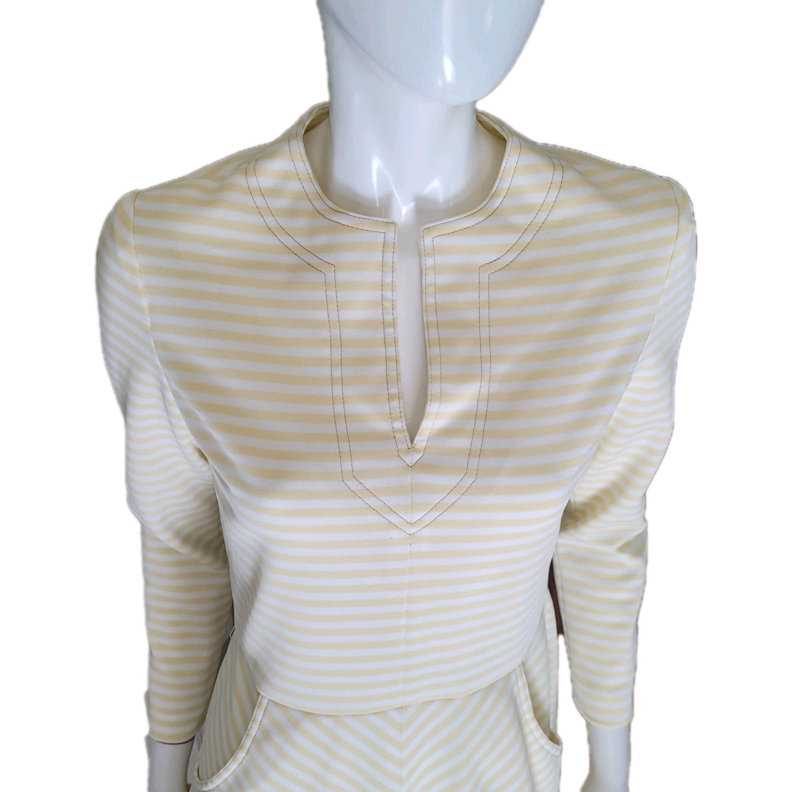 VTG Fit Flare Dress M Butter Yellow Ivory Stripe Pockets Stretch USA Retro Comfy