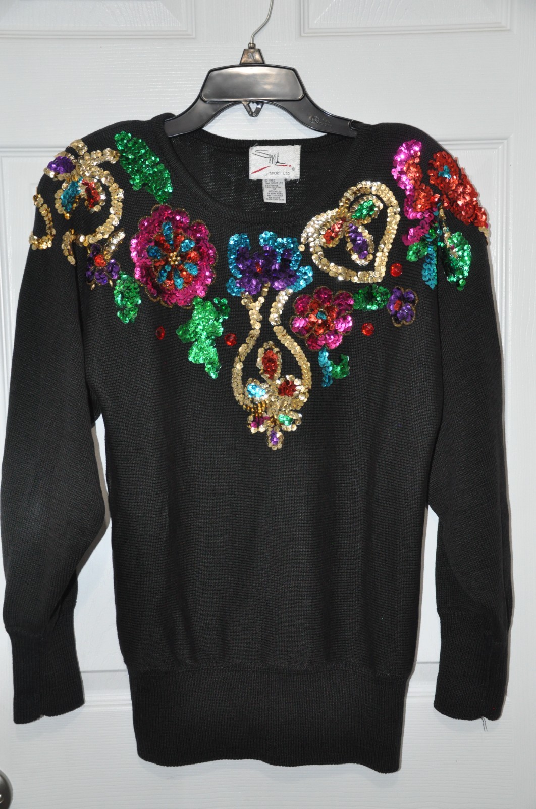 Vintage SML Glitz 80s Black Knit Sequin Glam Cotton Blend Sweater Sz M