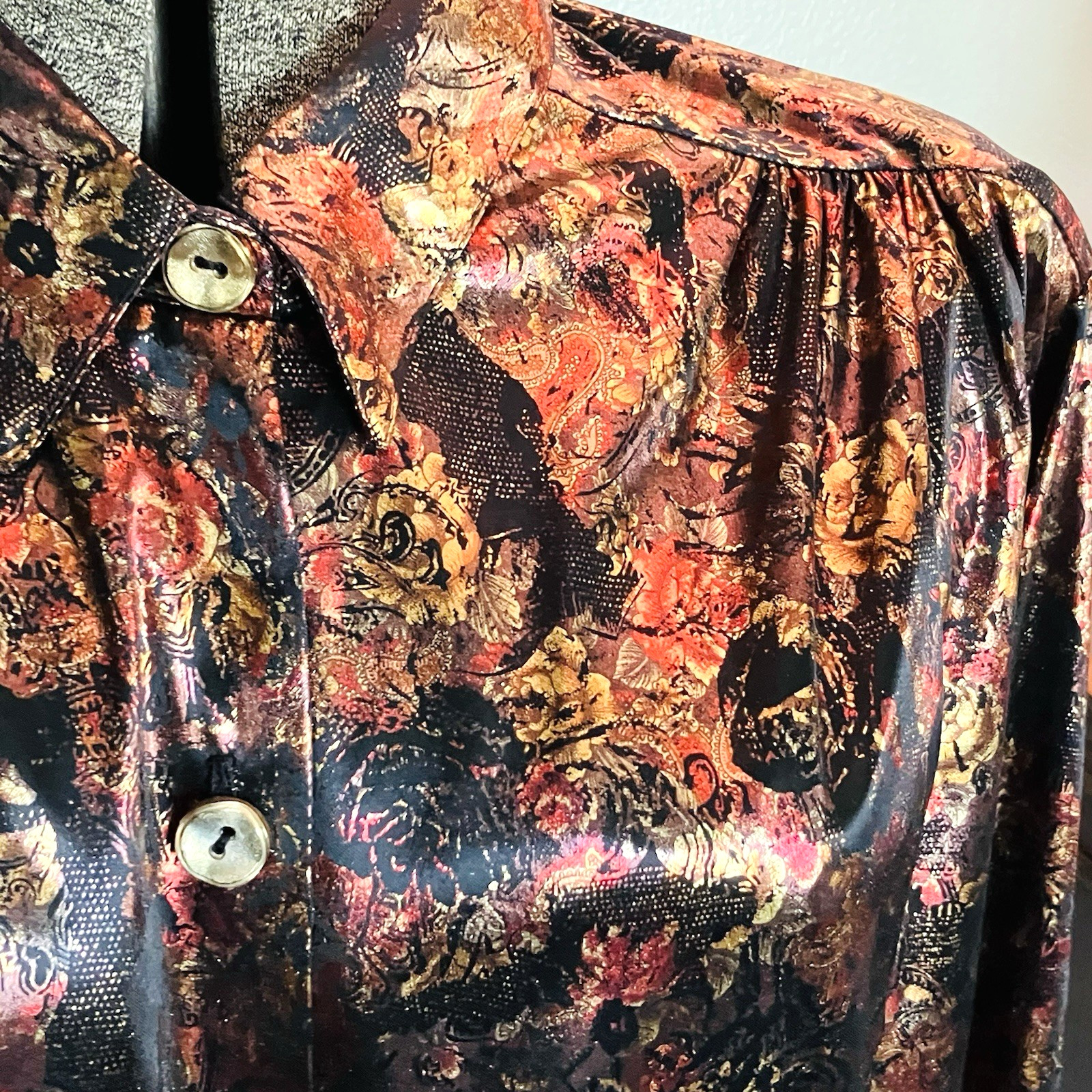 VTG Foil Button Down Blouse 22w Joanne Plus Black Rose Gold Long Sleeve 80s 90s