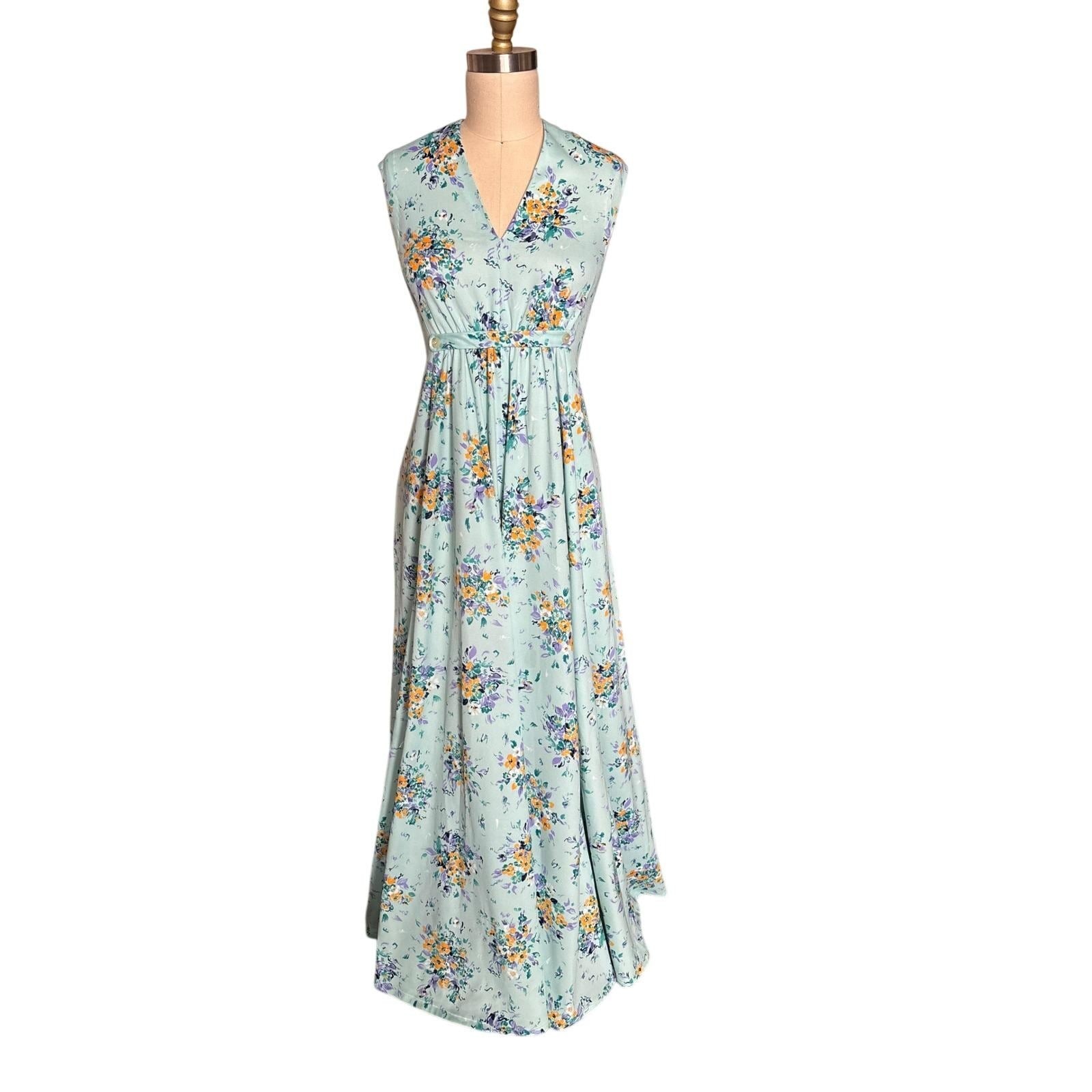 Vintage 70s Floral Empire Waist Maxi Dress Mint Blue Prairie Cottagecore M