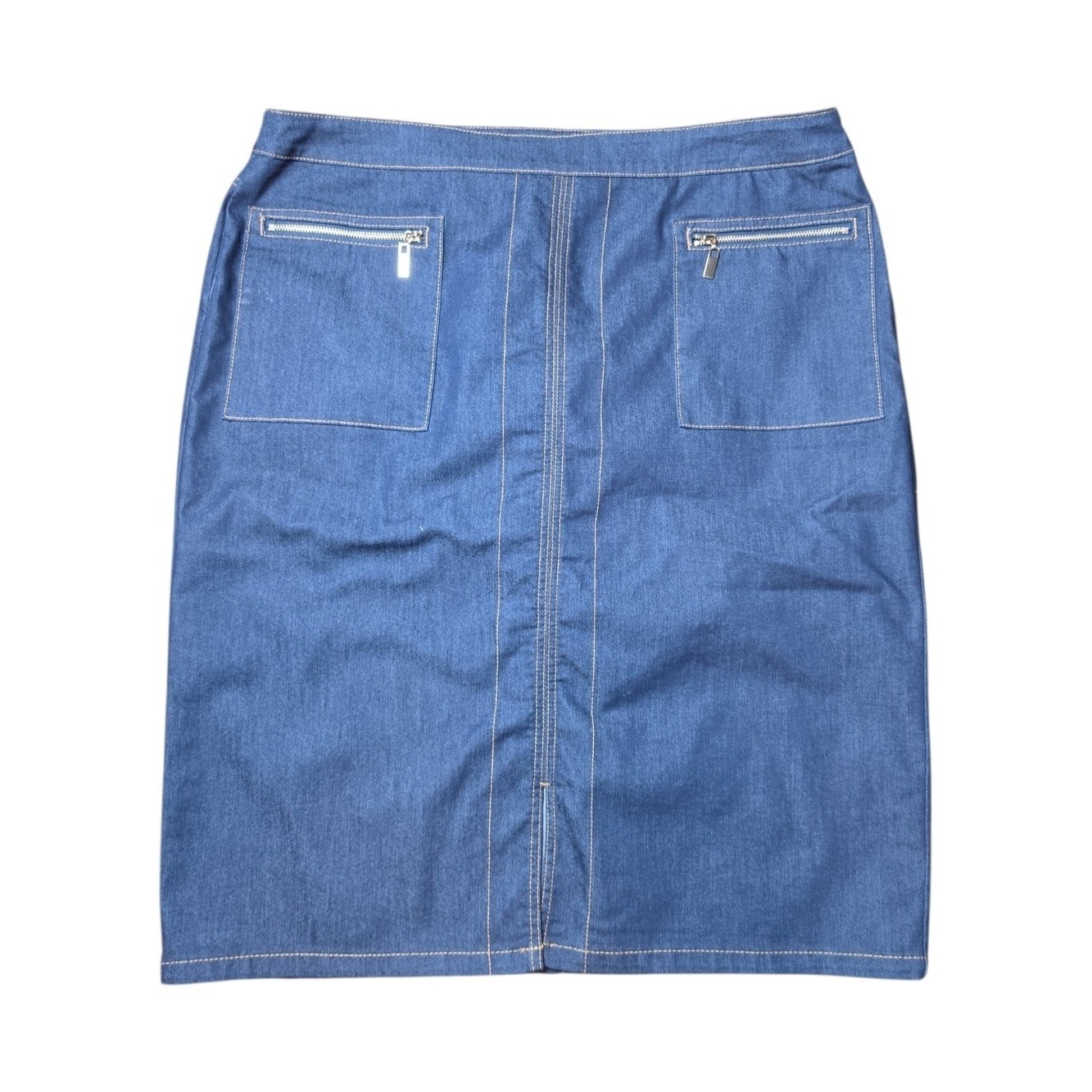 CHICO’S | Denim Pencil Skirt Gold Zip Pocket Stretch Jean Cotton Blend | 16 XL