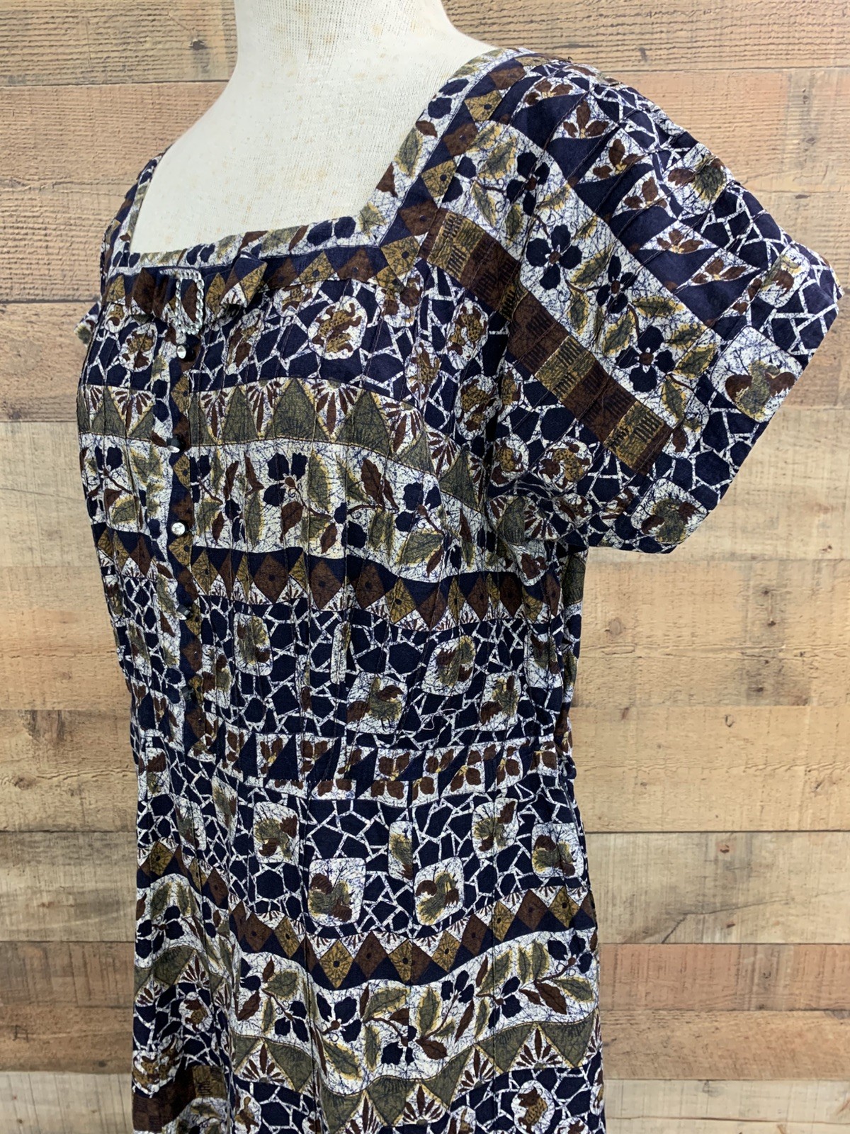Vintage early 1950’s Batik Cotton Side Metal Zipper Belted Dress Bust 42”/35” W