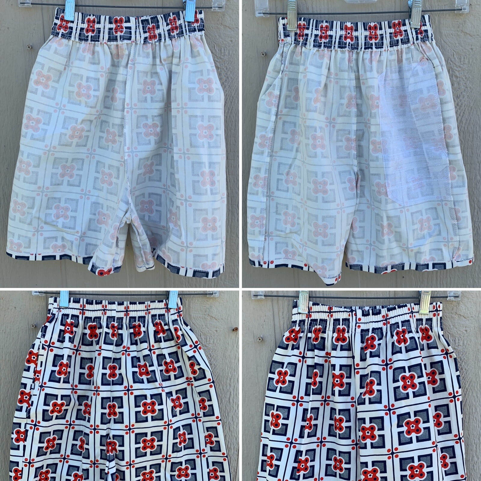 Vintage High Waist Shorts Red White Blue Geometric Floral Elastic Waist XS S