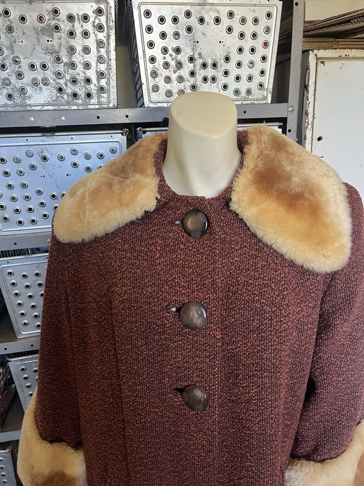 Womens Vintage 1960s Swing / MCM Shearling / Brown Wool Tweed Coat Sz M/L