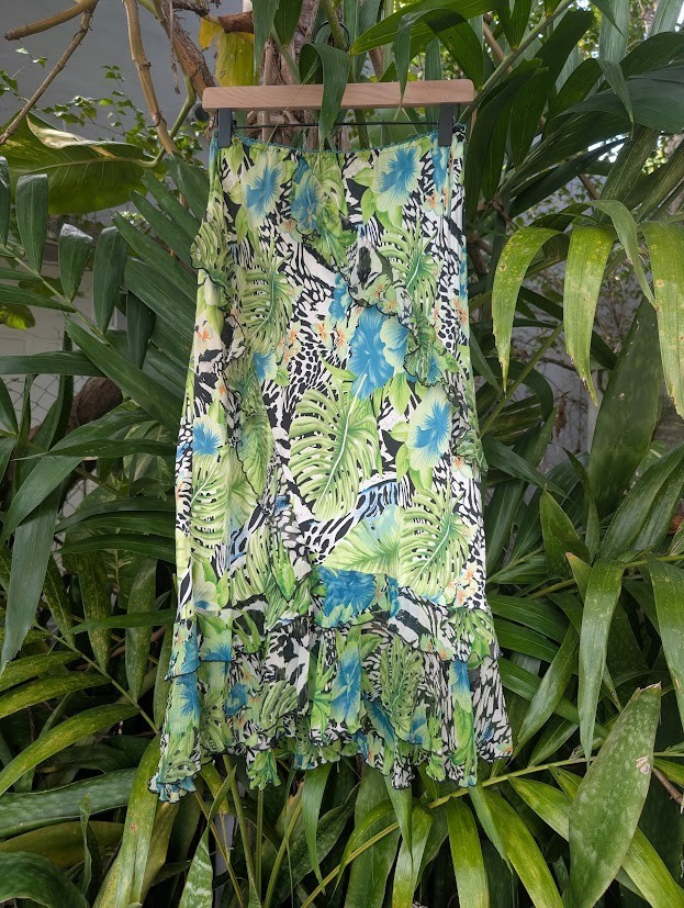 Vintage Silk Midi Skirt Y2K Tropical 10 Floral Animal Print Fairycore ruffle hem