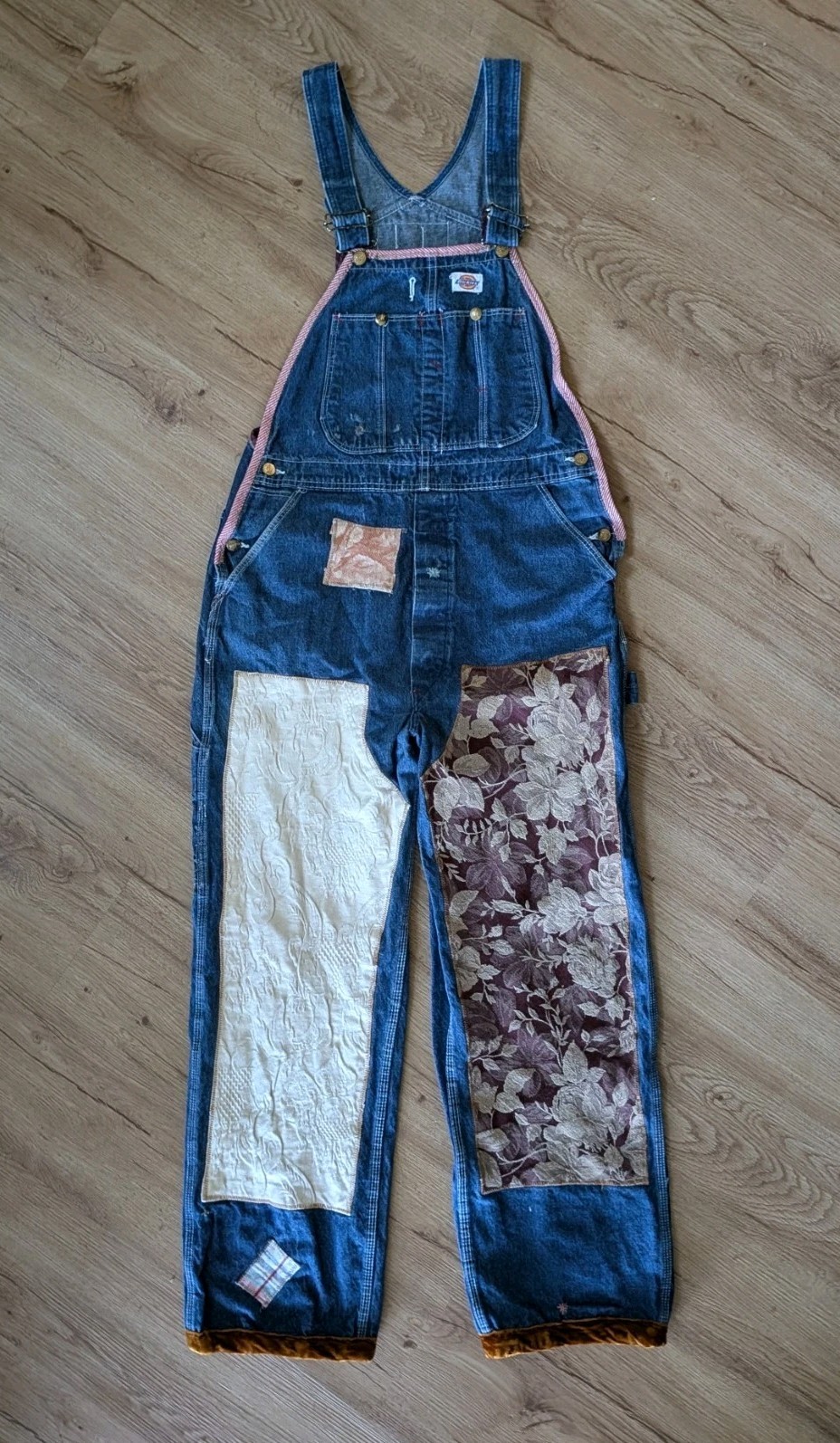VINTAGE 1995 Crispina FFrench Handmade Artist Upcycled PATCHWORK OVERALLS 36×32