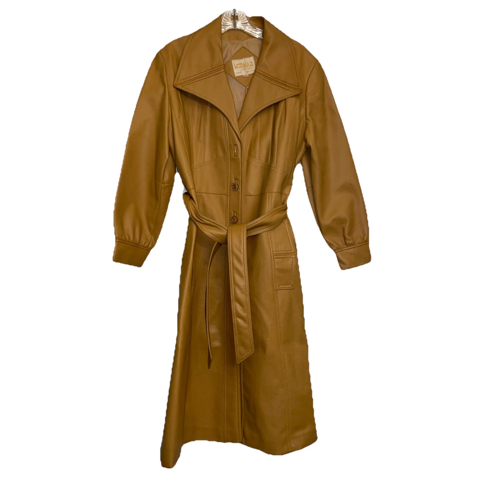 Vtg 1970s Mod Maid Womens Brown Vinyl Lightweight Trench Coat Jacket Disco