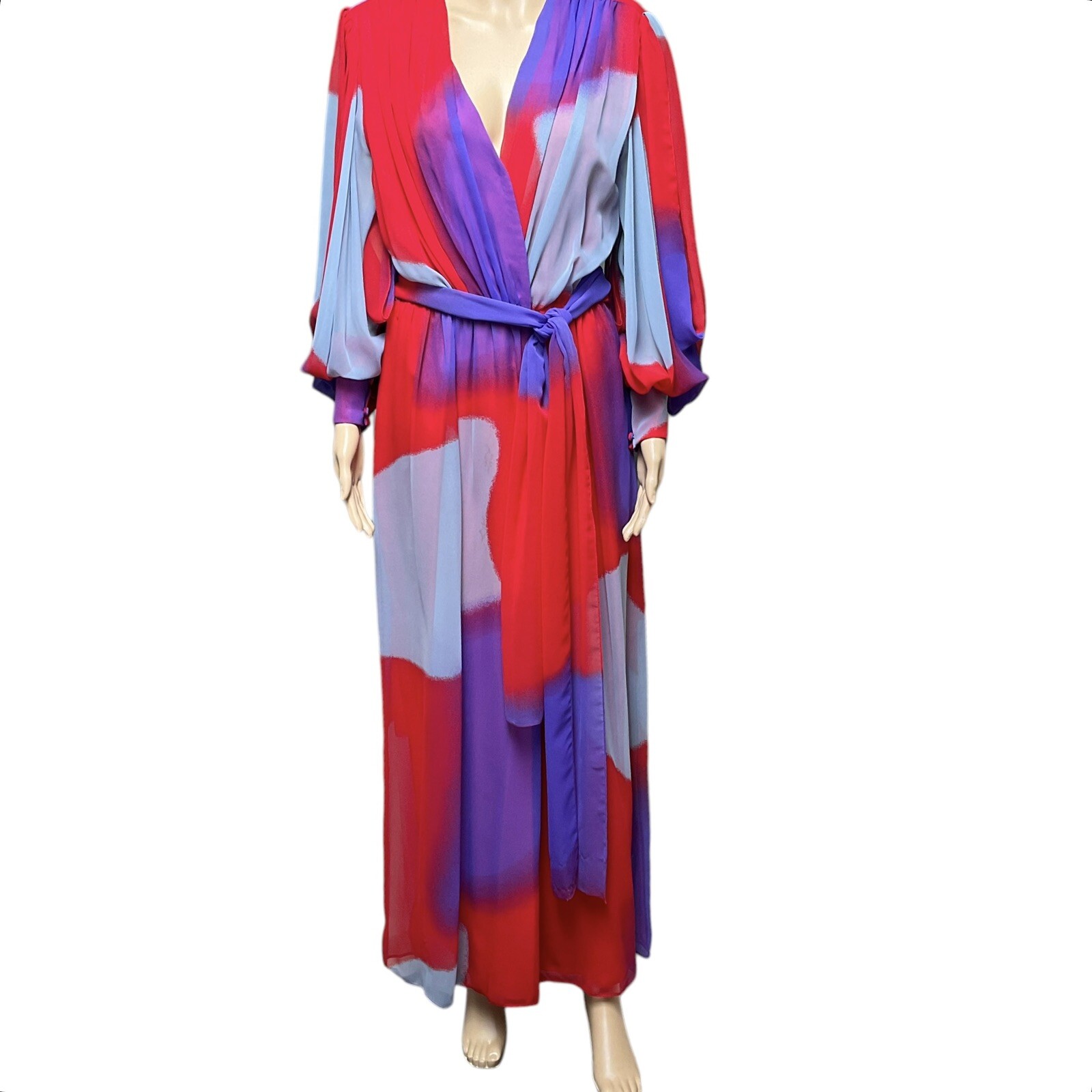 1970s Hanae Mori Chiffon Dress Belt Bright Colorful Abstract Print Maxi
