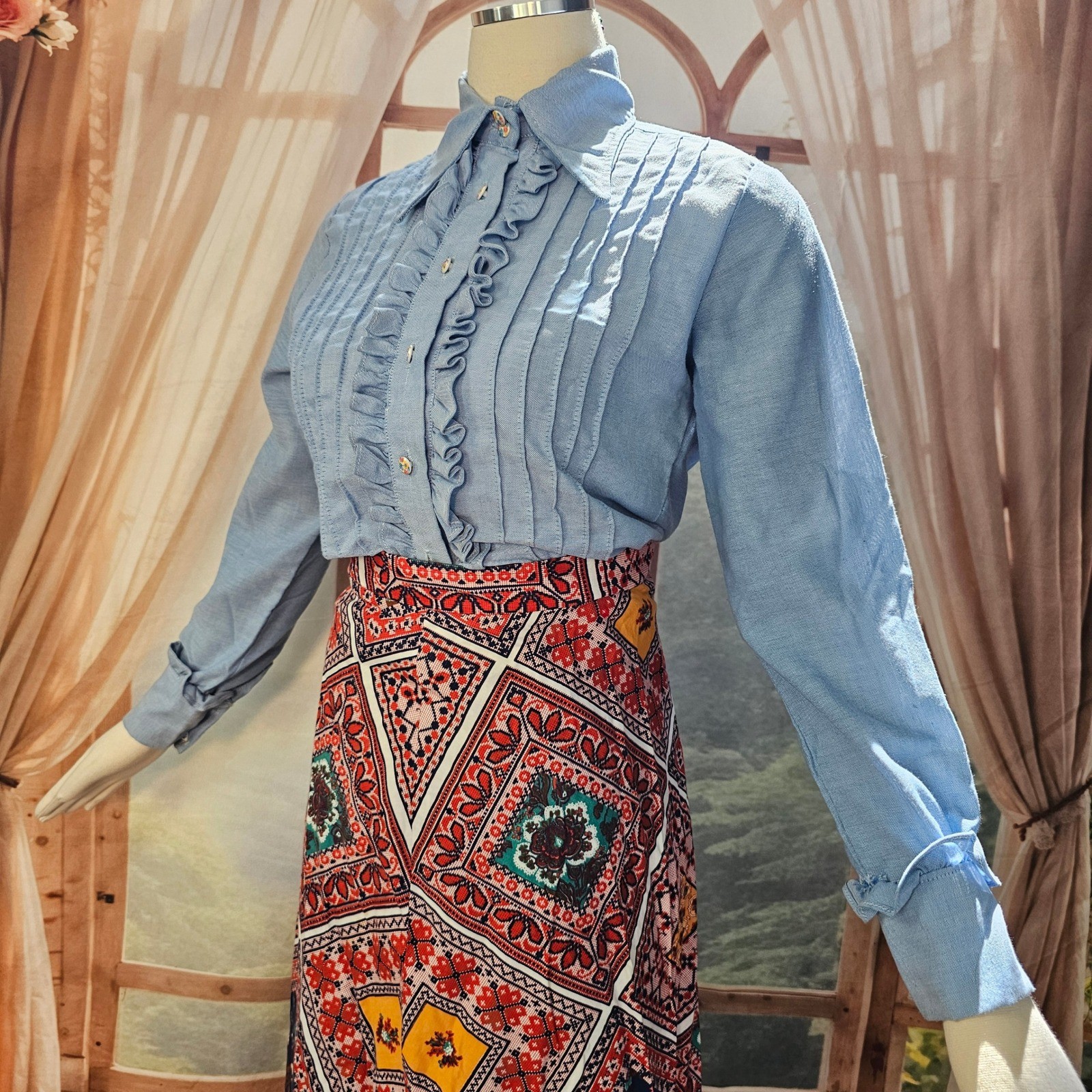 Vintage 1970s Light Blue Ruffled Tuxedo Blouse Pintuck Top Pointed Collar