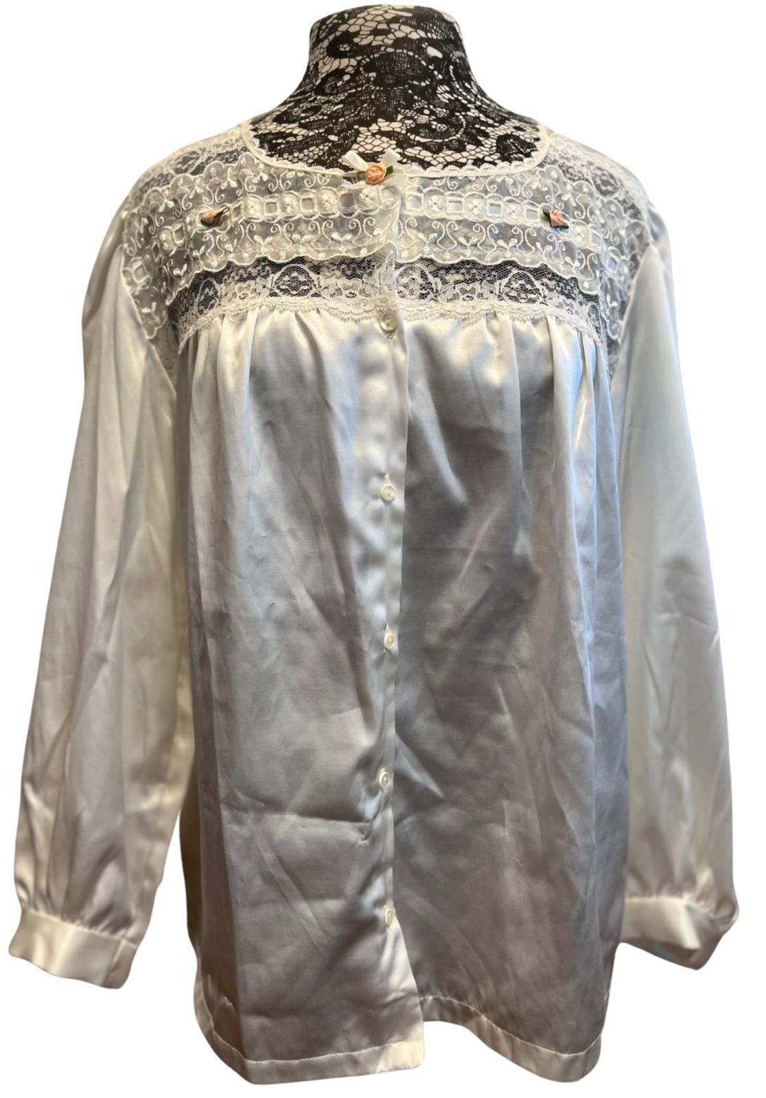 Vintage 80s Pajama Shirt Blouse Satin Long Sleeve White Lace Rose Ribbon Bow S