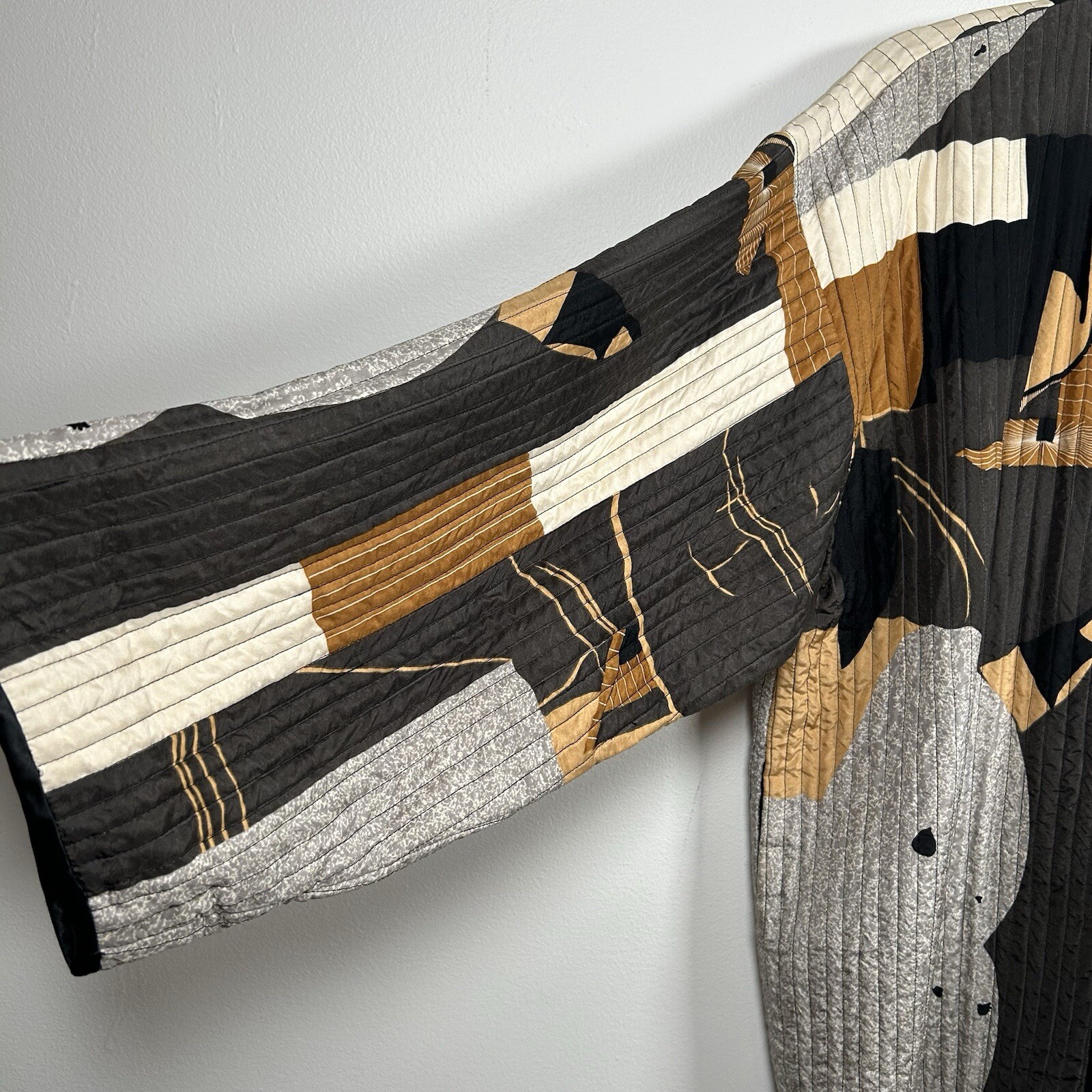 Vintage Icinoo 100% Silk Jacket Women Size Medium Art Abstract Brown Gray Black