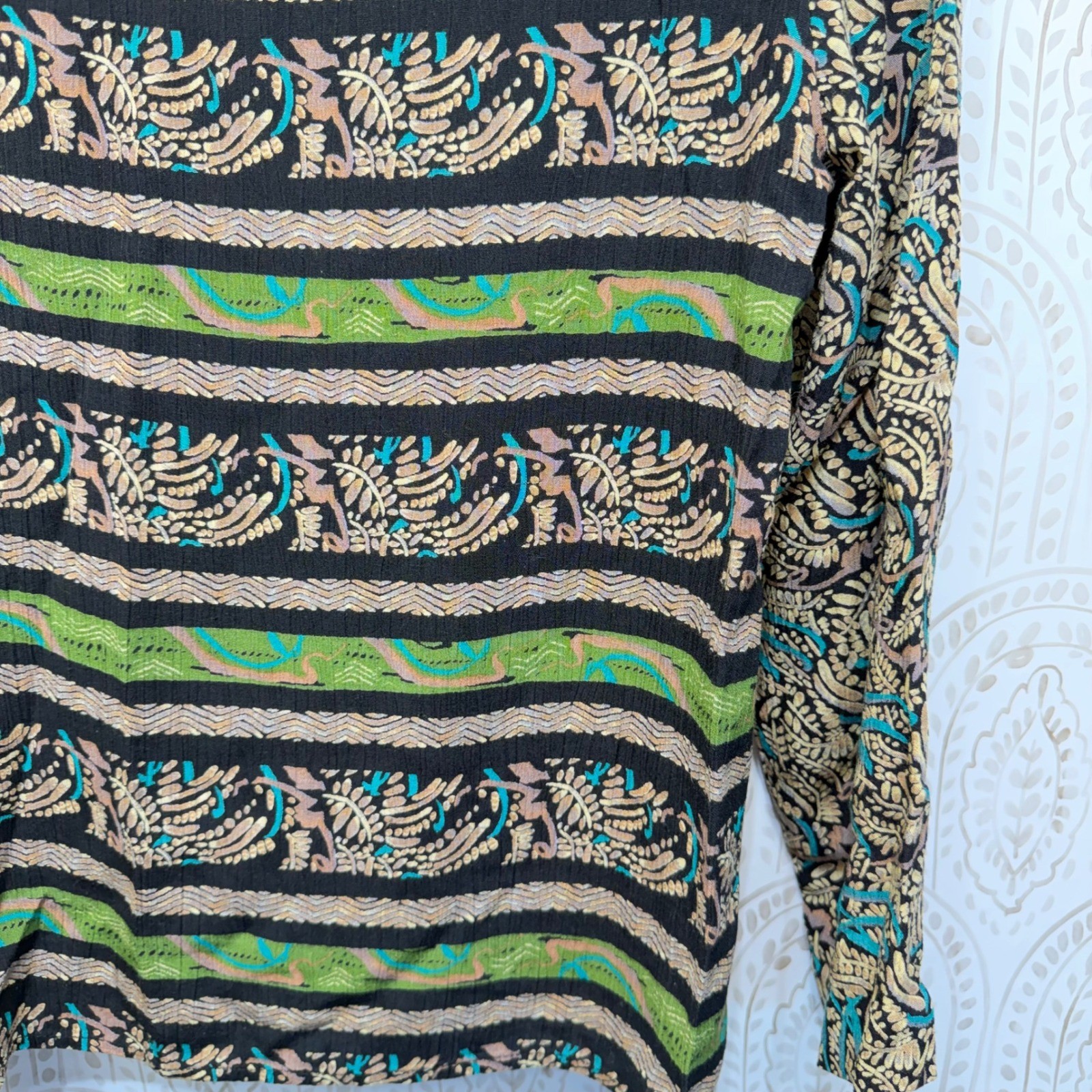 Ms Interpret Vintage Blouse Womens 8 Black Green Rayon Mixed Print Shoulder Pads