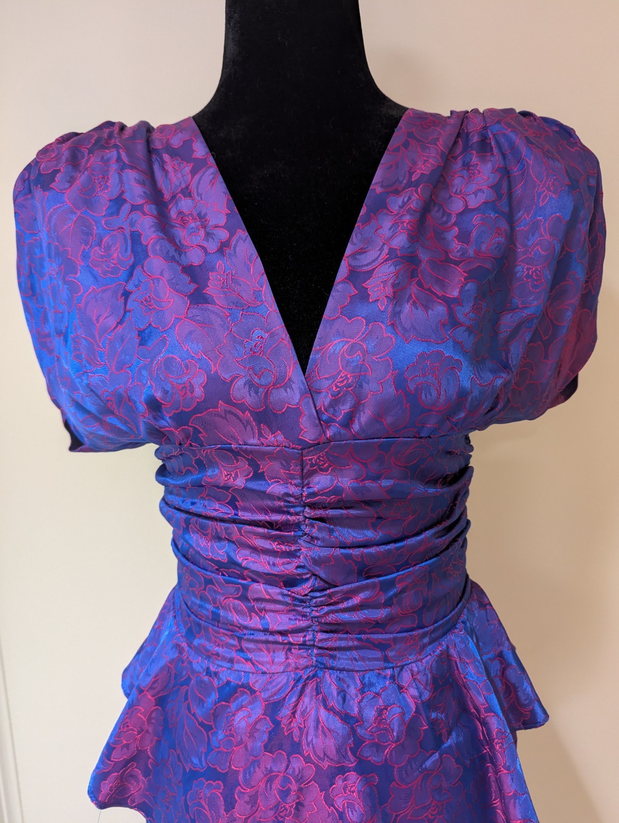 Vintage 1980s 1990s Steppin Out Pink Purple Blue Floral Brocade Dress XS Peplum