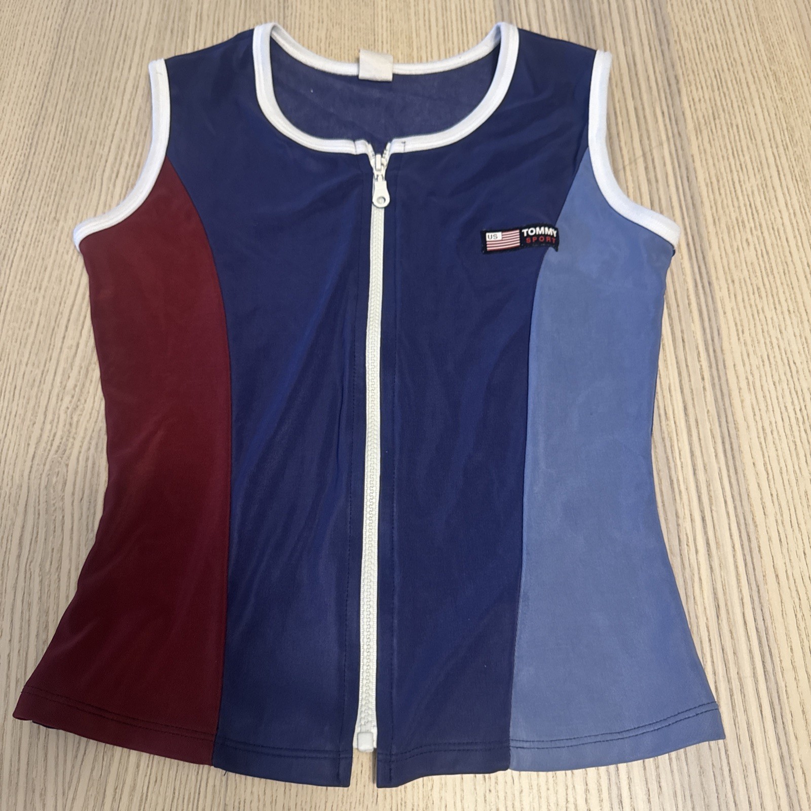 VTG Tommy Hilfiger Sport Top Sleeveless Zip Up Colorblock Blue Red Medium Y2K