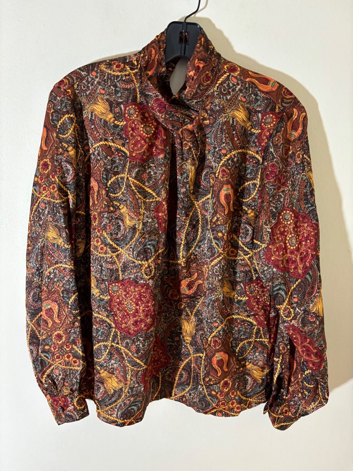 Vtg 80s NOTATIONS BAROQUE Print SECRETARY CAREER Puff Sleeve ACADEMIA Blouse 8 M