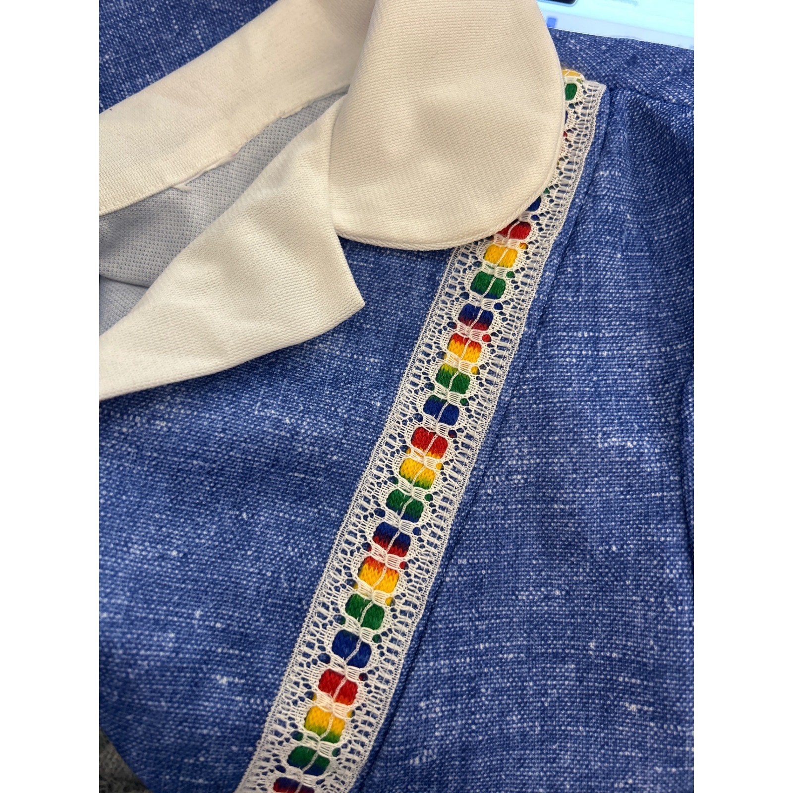 Vintage 70s Tunic Top Retro Mod Rainbow Trim Short Sleeve Shirt Pride Festival