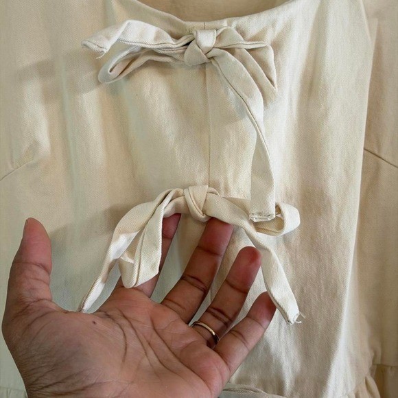 Romantic Peasant Cotton Mini Dress Cream Size M with Ties and Puff Sleeves