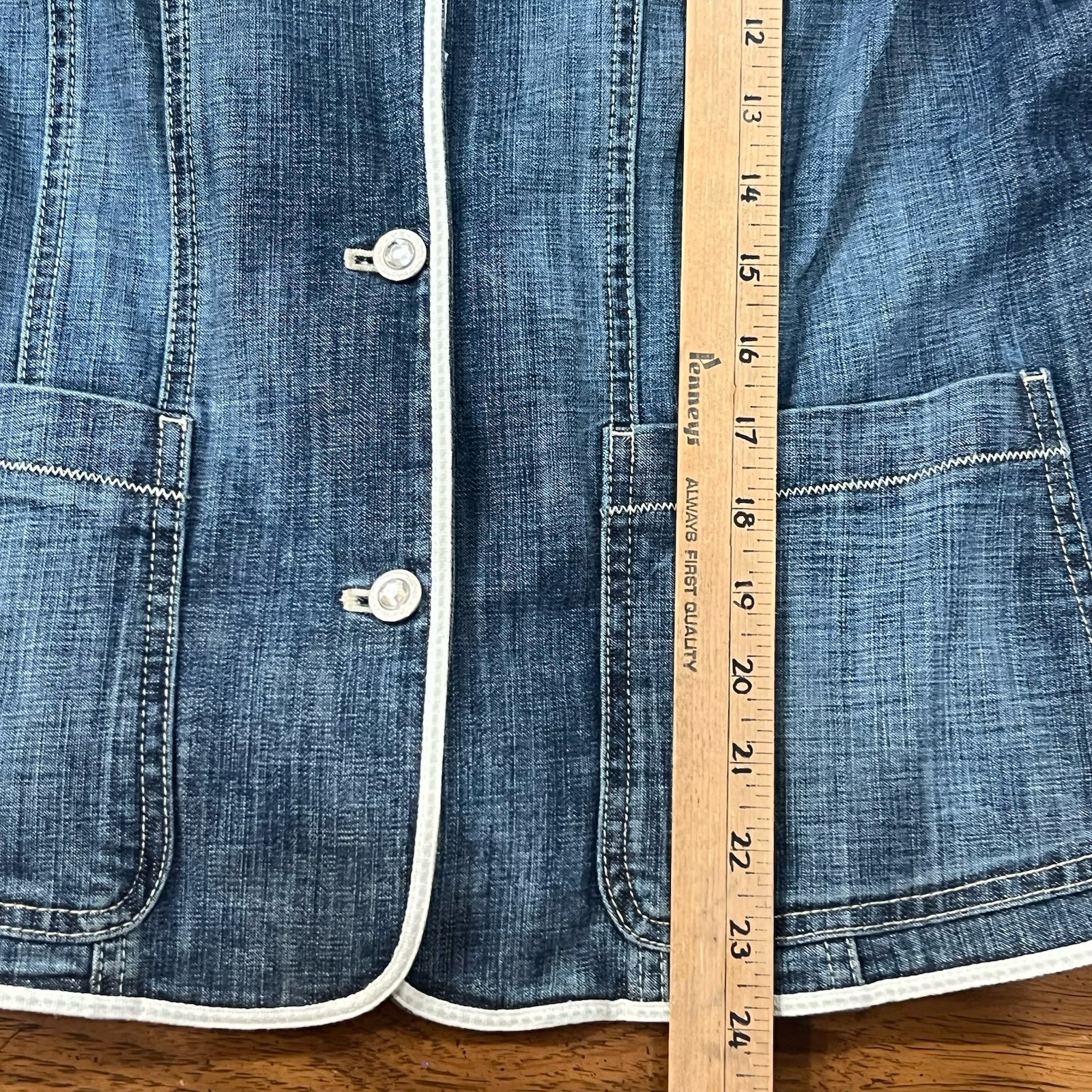 VTG Carol’s Denims Blazer Jacket L Blue Jean White Piping Preppy Cottagecore Y2K