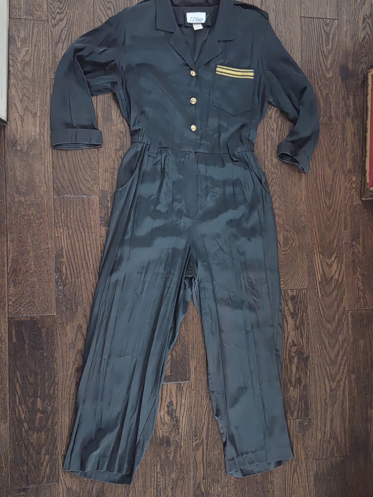 Vintage S.L. Petites Utility Jumpsuit Gold Button Military Airline Style Petite
