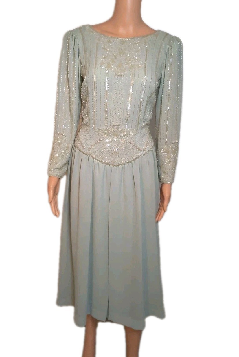 Vintage 80s Sage Green Beaded Sequin Chiffon Dress Drop Waist Women’s S Dress