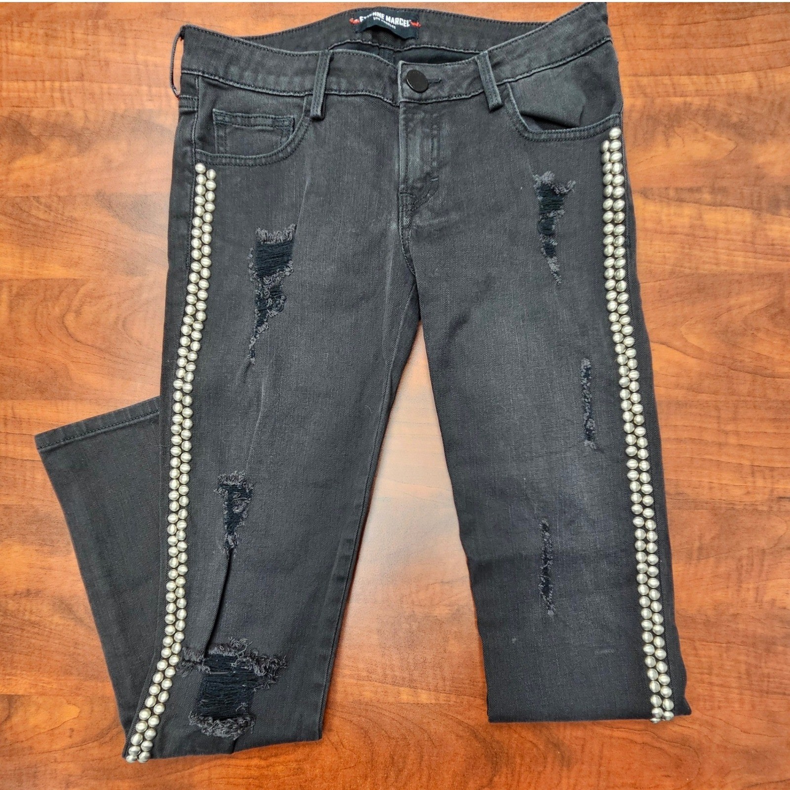 Etienne Marcel Jeans 26 Black Studded Distressed Skinny Moto Rock Glam Y2K